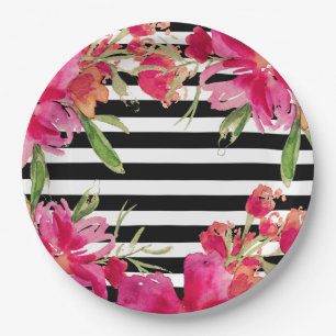 Watercolor Floral Black Stripes Paper Plates