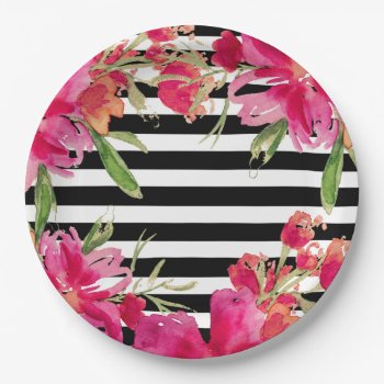 Watercolor Floral Black Stripes   Paper Plates by artofmairin at Zazzle