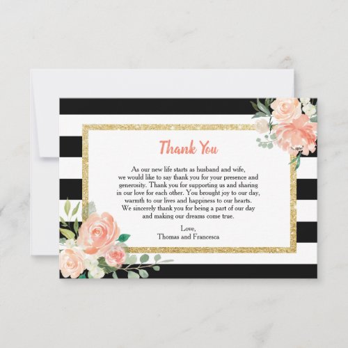 Watercolor Floral Black Stripes Wedding Thank You