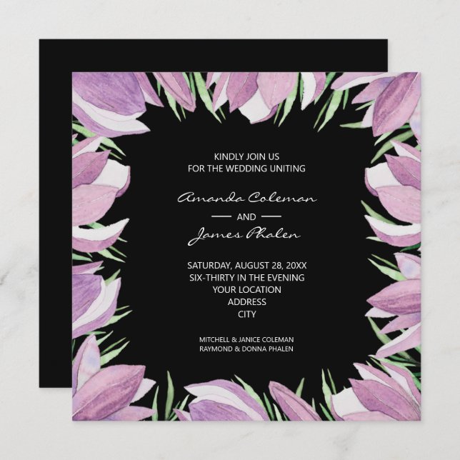 Watercolor Floral Black Wedding Invitation (Front/Back)