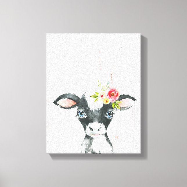 Watercolor Floral Black & White Cow Art Canvas Print (Front)