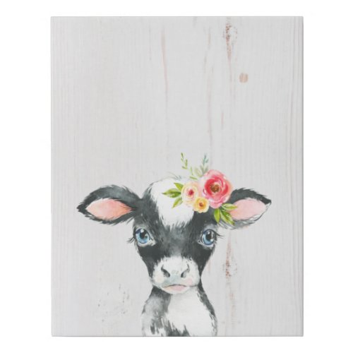 Watercolor Floral Black  White Cow Art Faux Canvas Print