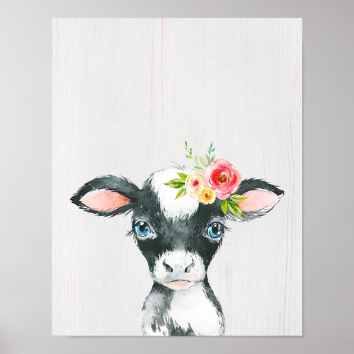 Watercolor Floral Black  White Cow Art Poster