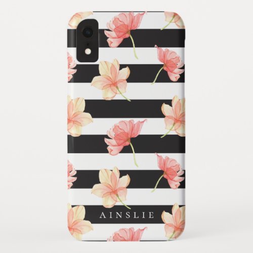 Watercolor Floral Black  White Stripe Pattern iPhone XR Case