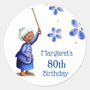 Watercolor Floral Black Woman 80th Birthday Classic Round Sticker
