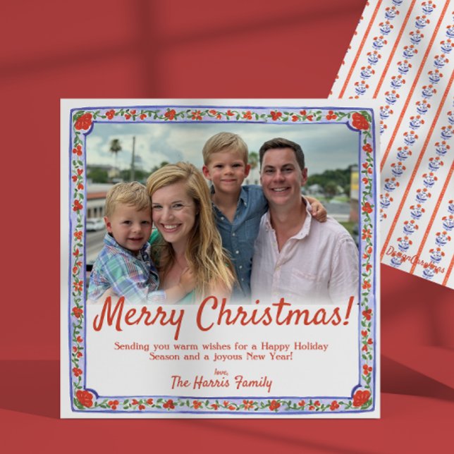 Watercolor Floral Block Print Photo Christmas Card (Creator Uploaded)