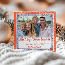 Watercolor Floral Block Print Photo Christmas Card