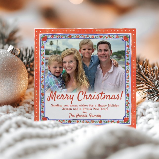 Watercolor Floral Block Print Photo Christmas Card (Creator Uploaded)