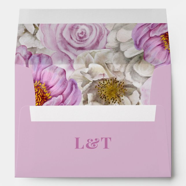 Watercolor Floral Blooms Pink & White Wedding Envelope (Back (Bottom))