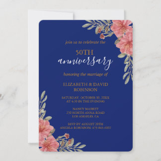 watercolor floral blue 50th anniversary wedding invitation