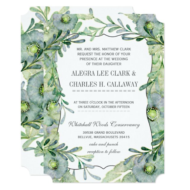 Watercolor Floral Blue And Green Wedding Invitation