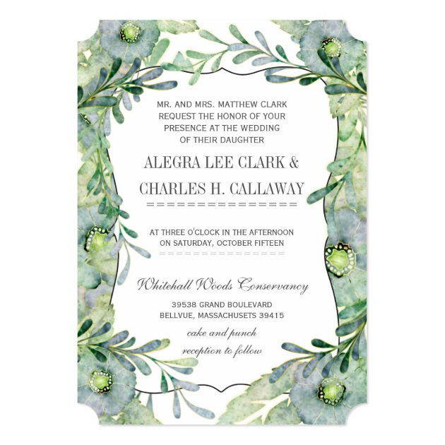 Watercolor Floral Blue And Green Wedding Invitation