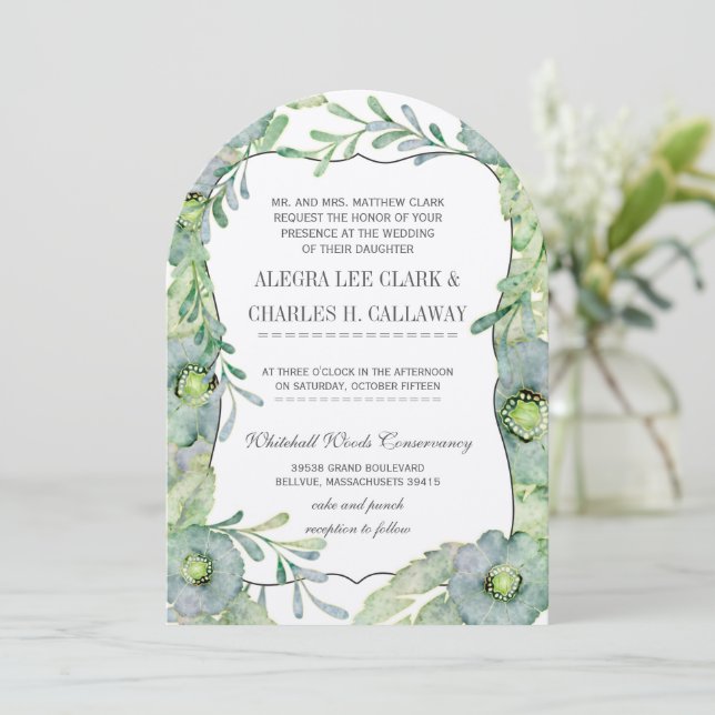Watercolor Floral Blue and Green Wedding Invitation (Standing Front)