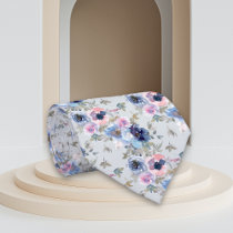 Watercolor Floral Blue and Pink Floral pattern Neck Tie