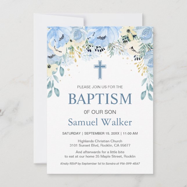Watercolor Floral Blue Boy Baptism Invitation (Front)