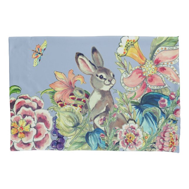Watercolor Floral Blue Bunny Rabbit Chinoiserie Pillow Case (Front)