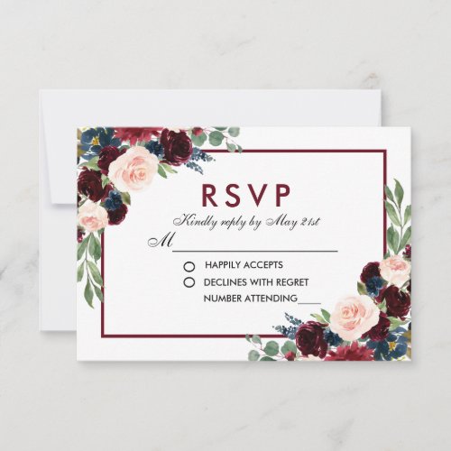 Watercolor Floral Blue Burgundy Wedding RSVP