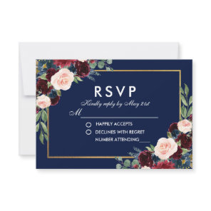 Watercolor Floral Blue Burgundy Wedding RSVP Card