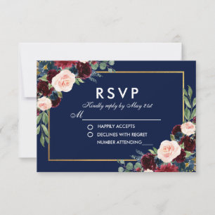 Watercolor Floral Blue Burgundy Wedding RSVP Card