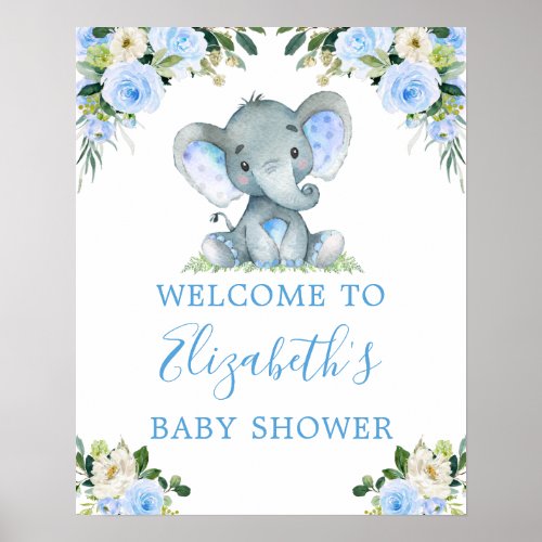 Watercolor Floral Blue Elephant Baby Shower Poster