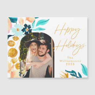 Watercolor Floral Blue Gold 1 Photo Holiday Card