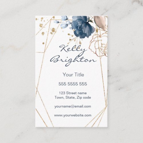Watercolor floral blue  gold geometric shape business card