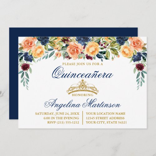 Watercolor Floral Blue Gold Quinceanera Party Invitation