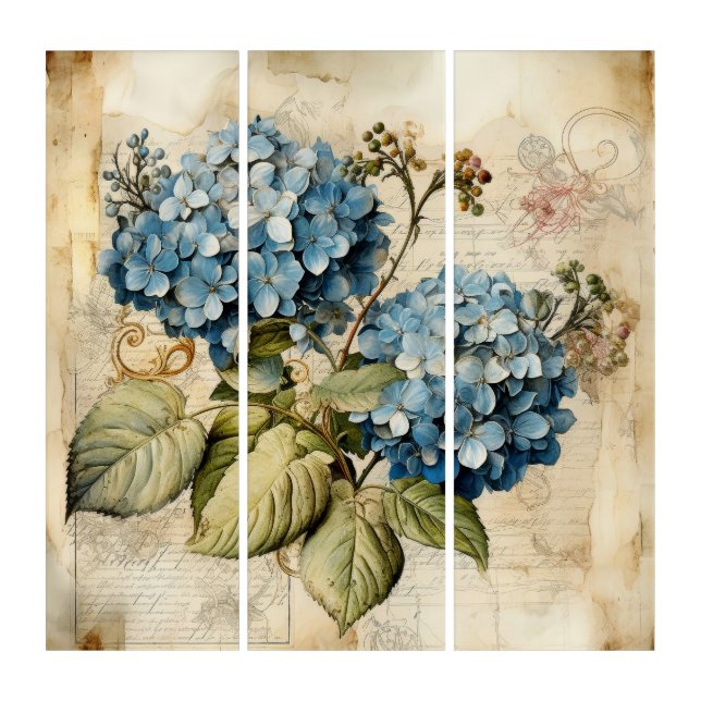 Watercolor Floral Blue Hydrangea Triptych (Front)