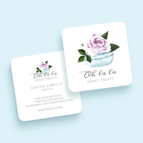 Watercolor Floral Blue Macaron Bakery  Sweets Square Business Card