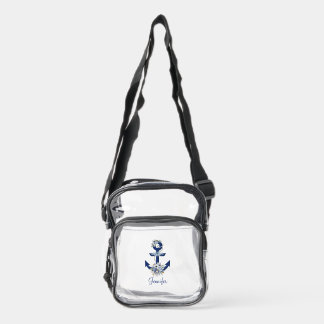watercolor floral blue nautical stripes name  clear crossbody bag 