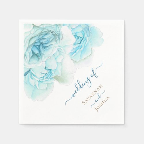 Watercolor floral blue peony flowers name napkins