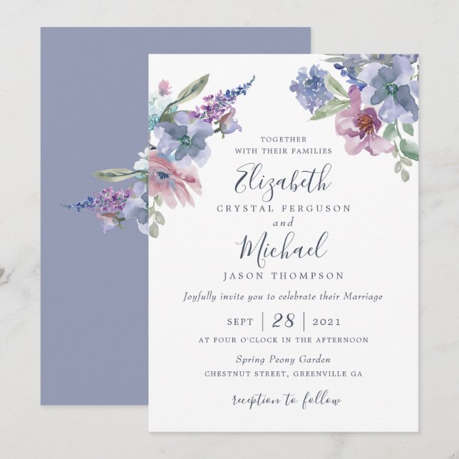 Watercolor Floral Blue Purple Blush Modern Invitation (Front/Back)