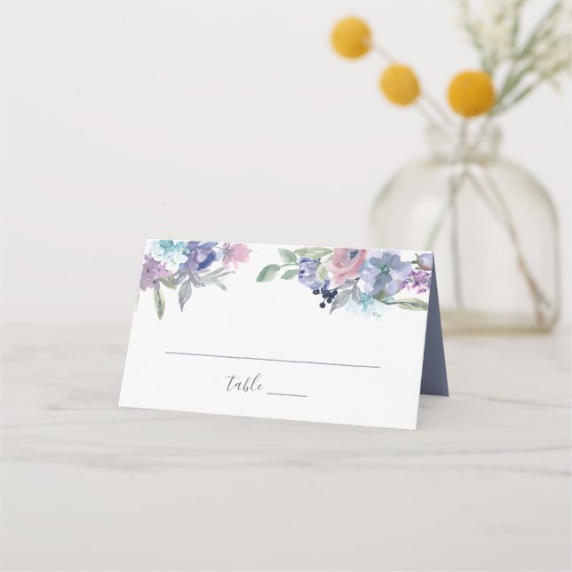 Watercolor Floral Blue Purple Blush Modern Place Card (Front)