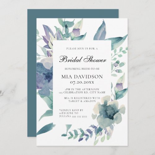 Watercolor Floral Blue Purple Green Bridal Shower Invitation