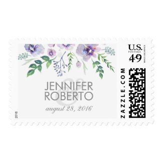 watercolor floral blue purple vintage wedding postage stamps at UniqueRusticWeddingInvitations.com