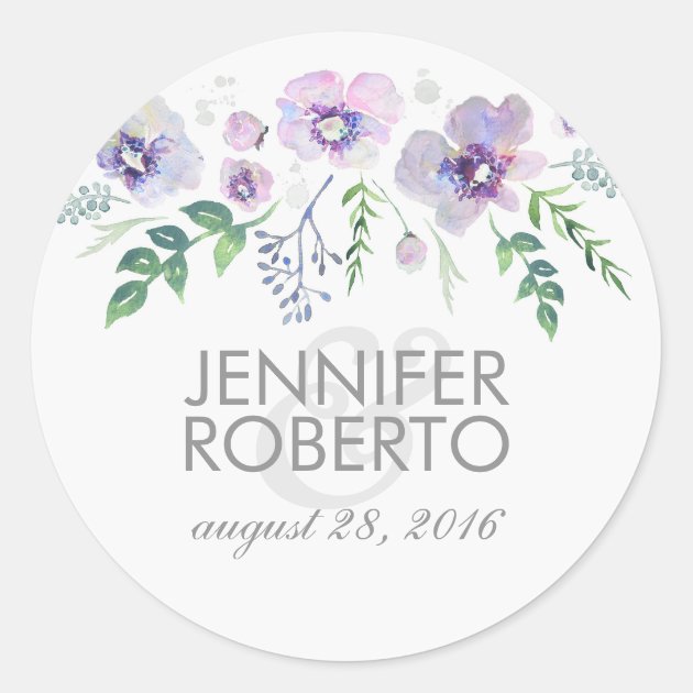 Watercolor Floral Blue Purple Wedding Classic Round Sticker