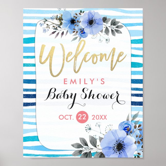 Watercolor Floral Blue Stripes Baby Shower Welcome Poster (Front)
