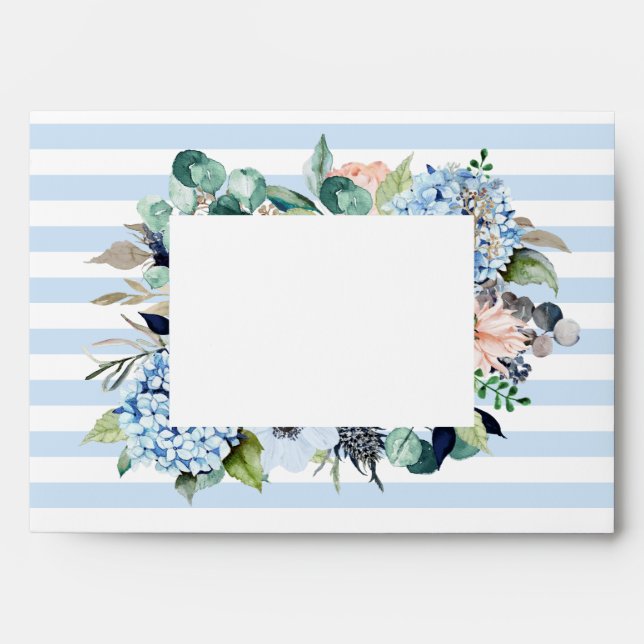 Watercolor Floral Blue Stripes Beach Wedding Envelope (Front)