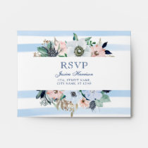 Watercolor Floral Blue Stripes Beach Wedding RSVP Envelope