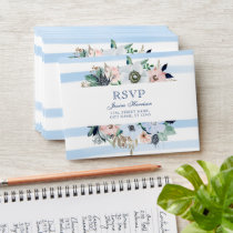 Watercolor Floral Blue Stripes Beach Wedding RSVP Envelope