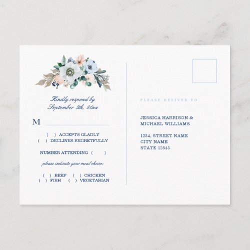 Watercolor Floral Blue Stripes Beach Wedding RSVP Postcard