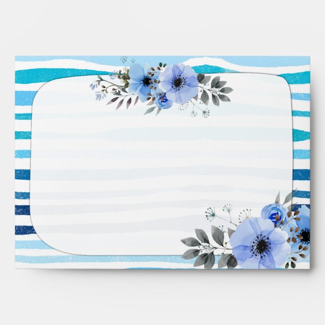 Watercolor Floral Blue Stripes Wedding Welcome Envelope (Front)
