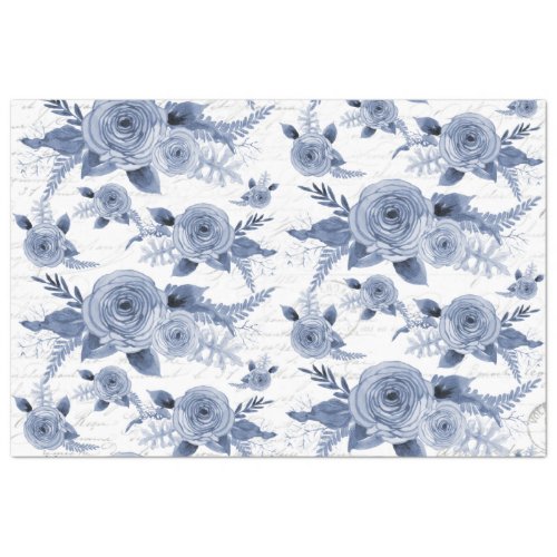 Watercolor Floral Blue Vintage Script Decoupage Tissue Paper