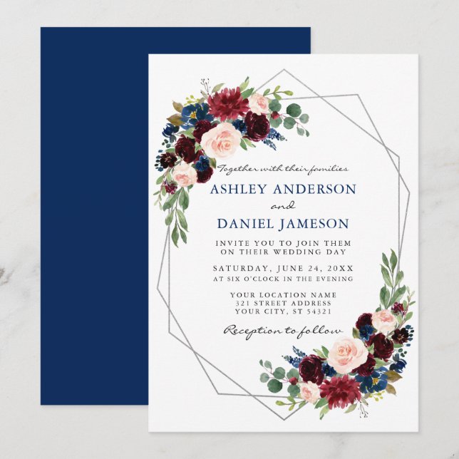 Watercolor Floral Blue Wedding Geometric Silver Invitation (Front/Back)