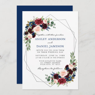 Watercolor Floral Blue Wedding Geometric Silver Invitation
