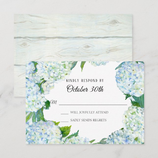 Watercolor Floral Blue White Hydrangea Rustic Wood Invitation (Front/Back)