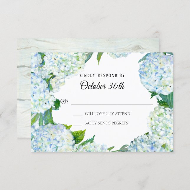 Watercolor Floral Blue White Hydrangea Rustic Wood Invitation (Front/Back)
