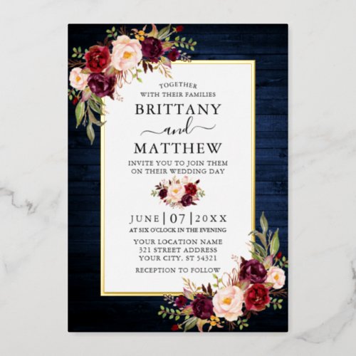 Watercolor Floral Blue Wood Wedding Gold Foil Invitation