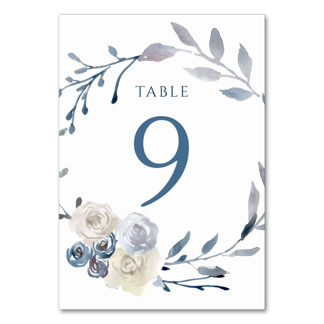 watercolor floral blue wreath Table Number 9 (Front)