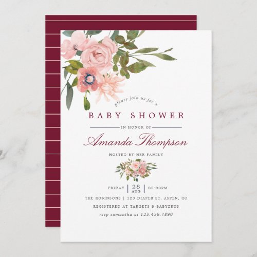 Watercolor floral Blush and Burgundy Baby Shower Invitation